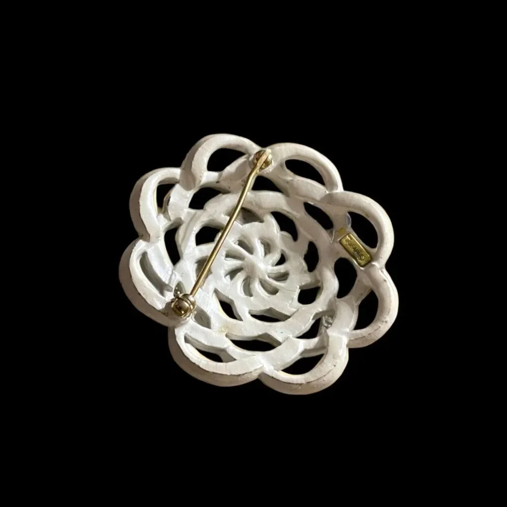 Vintage Crown Trifari White Enamel Swirl Curve Flower Brooch Signed Designer Pin